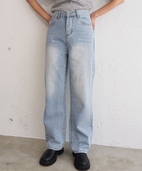 セール】【2サイズ展開】ラインストーンデニムパンツ（デニム