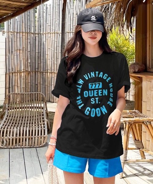 Dalfwin(ダールフィン)の「韓国ファッション 【上下セット】VINTAGEロゴ半袖Tシャツ×ショートパンツセットアップ(ルームウェア/パジャマ・レディース・ブルー系/レッド系/グレー系・FREE)」の2枚目の写真