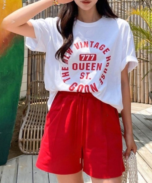 Dalfwin(ダールフィン)の「韓国ファッション 【上下セット】VINTAGEロゴ半袖Tシャツ×ショートパンツセットアップ(ルームウェア/パジャマ・レディース・ブルー系/レッド系/グレー系・FREE)」の10枚目の写真