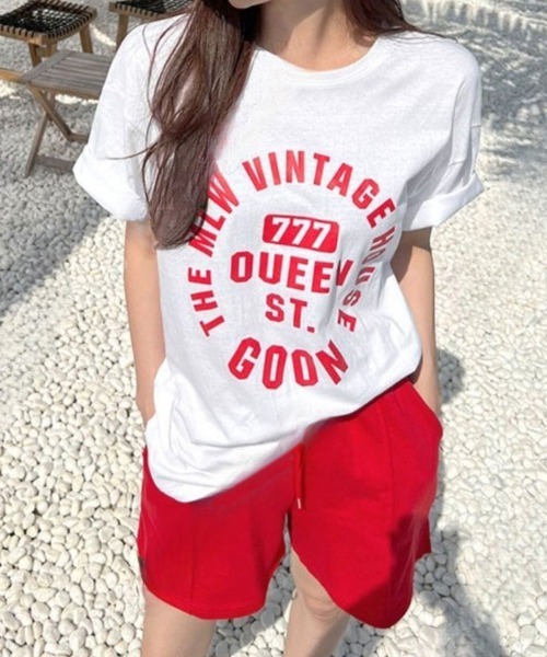 Dalfwin(ダールフィン)の「韓国ファッション 【上下セット】VINTAGEロゴ半袖Tシャツ×ショートパンツセットアップ(ルームウェア/パジャマ・レディース・ブルー系/レッド系/グレー系・FREE)」の12枚目の写真
