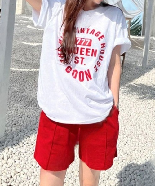 Dalfwin(ダールフィン)の「韓国ファッション 【上下セット】VINTAGEロゴ半袖Tシャツ×ショートパンツセットアップ(ルームウェア/パジャマ・レディース・ブルー系/レッド系/グレー系・FREE)」の13枚目の写真