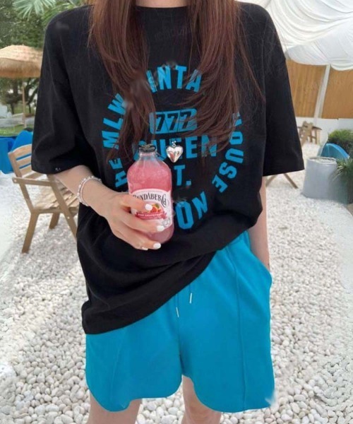 Dalfwin(ダールフィン)の「韓国ファッション 【上下セット】VINTAGEロゴ半袖Tシャツ×ショートパンツセットアップ(ルームウェア/パジャマ・レディース・ブルー系/レッド系/グレー系・FREE)」の20枚目の写真
