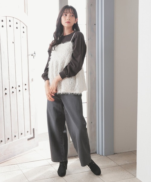 Honeys（ハニーズ）の「フェザーキャミソール（キャミソール・レディース・チャコール/アイボリー/ブラック/グレー・S/M/L）」の5枚目の写真