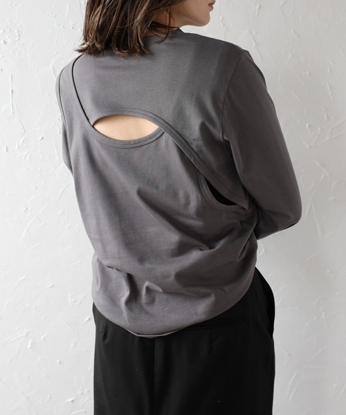 Bonjour Sagan（ボンジュールサガン）の「バックカットアウトデザインロンT（Tシャツ/カットソー・レディース・チャコールグレー/ブラック/キナリ・FREE）」の18枚目の写真