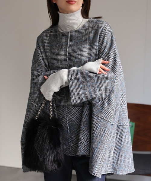 sakishimatokyo（サキシマトーキョー）の「グレンチェックフレア切り替えポンチョ（ポンチョ・レディース・ブラック/ブルー/レッド・FREE）」の10枚目の写真