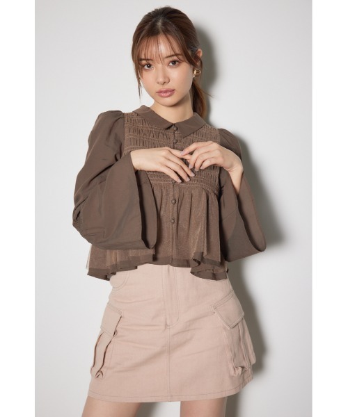 rienda（リエンダ）の「シャーリングフリルチュールブラウス（シャツ/ブラウス・レディース・ブラウン/ホワイト/ブルー・FREE）」の5枚目の写真
