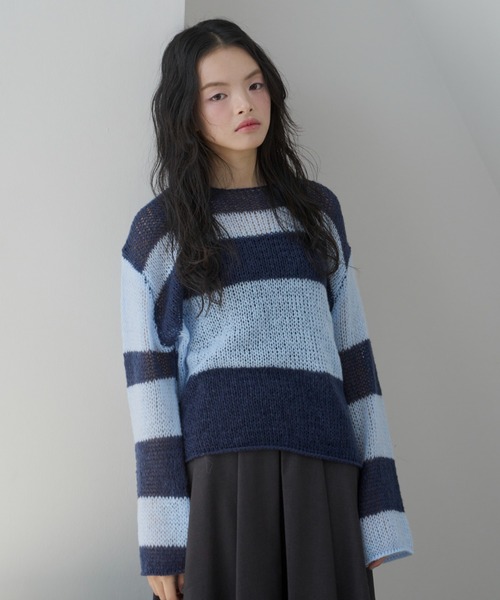 haek（ハク）の「border loose knit/ボーダールーズニット（ニット/セーター・レディース・ネイビー/グリーン・FREE）」の2枚目の写真