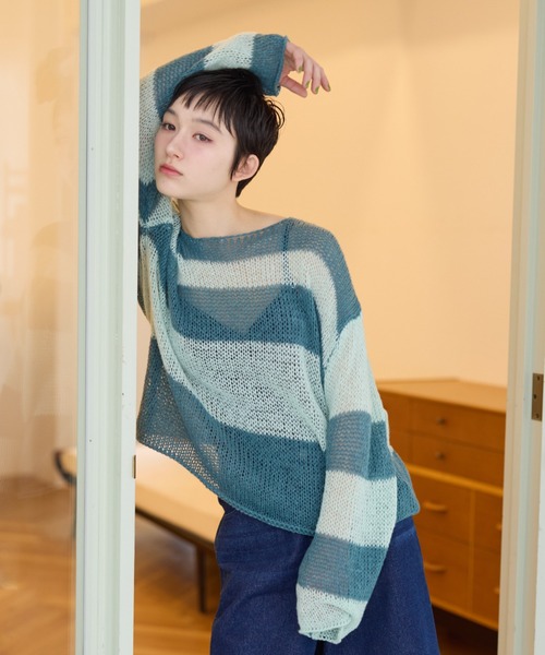 haek（ハク）の「border loose knit/ボーダールーズニット（ニット/セーター・レディース・ネイビー/グリーン・FREE）」の14枚目の写真
