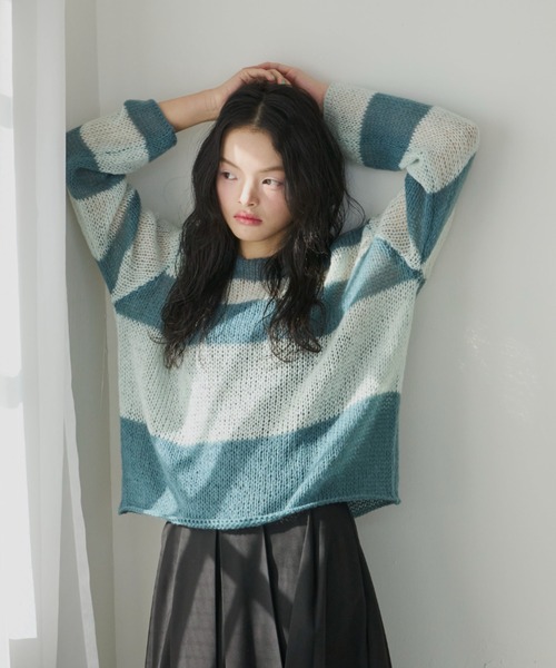 haek（ハク）の「border loose knit/ボーダールーズニット（ニット/セーター・レディース・ネイビー/グリーン・FREE）」の6枚目の写真