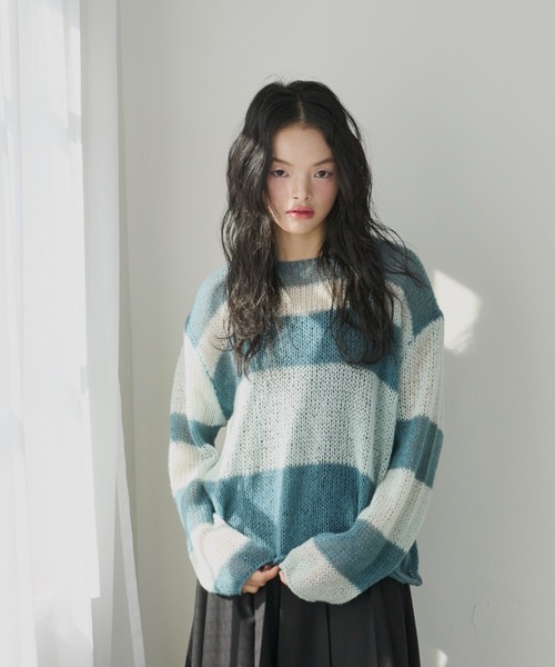 haek（ハク）の「border loose knit/ボーダールーズニット（ニット/セーター・レディース・ネイビー/グリーン・FREE）」の7枚目の写真