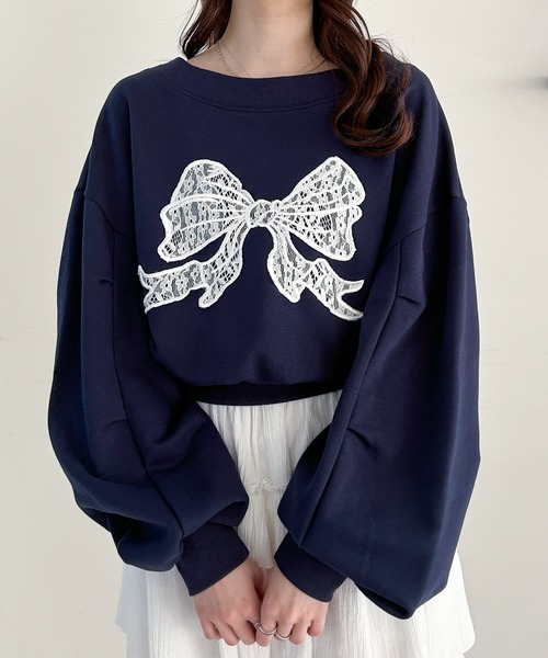 Heather（ヘザー）の「リボン刺繍裏毛スウェット　324835（スウェット・レディース・ネイビー/グレー/オートミール・FREE）」の3枚目の写真