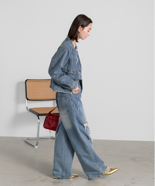 ad thie（アドティエ）の「ノーカラー フリンジ デニムジャケット（デニムジャケット・レディース・ブルー・FREE）」の3枚目の写真