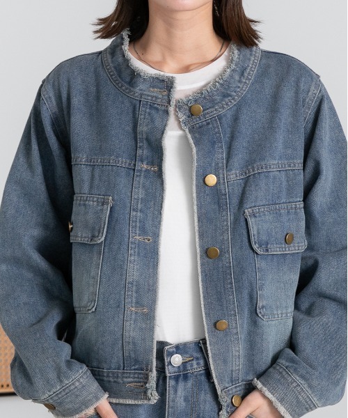 ad thie（アドティエ）の「ノーカラー フリンジ デニムジャケット（デニムジャケット・レディース・ブルー・FREE）」の4枚目の写真