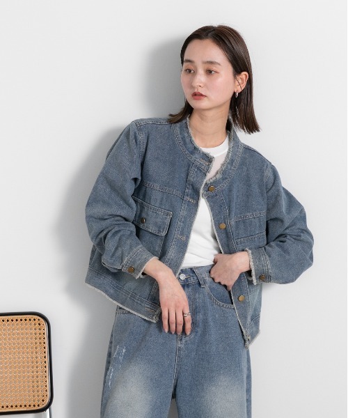ad thie（アドティエ）の「ノーカラー フリンジ デニムジャケット（デニムジャケット・レディース・ブルー・FREE）」の7枚目の写真