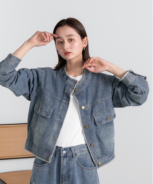 ad thie（アドティエ）の「ノーカラー フリンジ デニムジャケット（デニムジャケット・レディース・ブルー・FREE）」の10枚目の写真