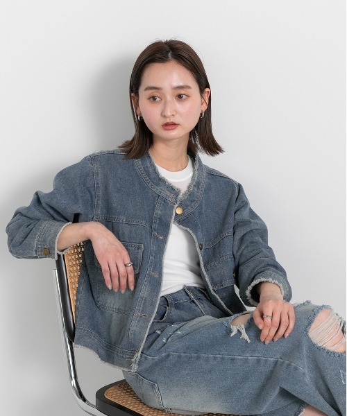 ad thie（アドティエ）の「ノーカラー フリンジ デニムジャケット（デニムジャケット・レディース・ブルー・FREE）」の14枚目の写真