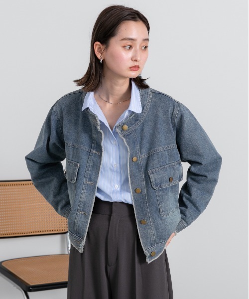ad thie（アドティエ）の「ノーカラー フリンジ デニムジャケット（デニムジャケット・レディース・ブルー・FREE）」の20枚目の写真