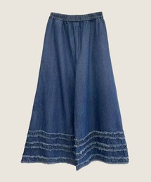 裾フリル刺繍デニムワイドパンツ