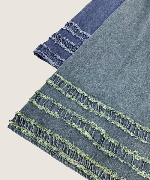 aimoha(アイモハ)の「裾フリル刺繍デニムワイドパンツ(デニムパンツ・レディース・ネイビー/ブルー・FREE)」の10枚目の写真