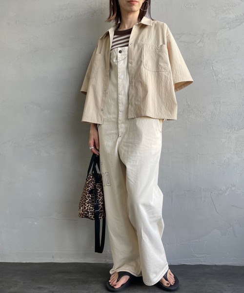 UNIVERSAL OVERALL（ユニバーサルオーバーオール）の「[UNIVERSAL OVERALL/ユニバーサルオーバーオール] 別注 ビッグポケットショートスリーブワイドシャツ（シャツ/ブラウス・レディース・ネイビー/ネイビー×ホワイト/ベージュ/ブラウン・F）」の12枚目の写真