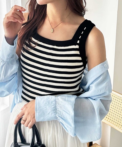 GeeRA（ジーラ）の「夏にぴったり。2WAY配色ニットタンクトップ（タンクトップ・レディース・ベージュ/ホワイト×ブラック/ブラック/アイボリー・LARGE/X-LARGE/MEDIUM）」の2枚目の写真