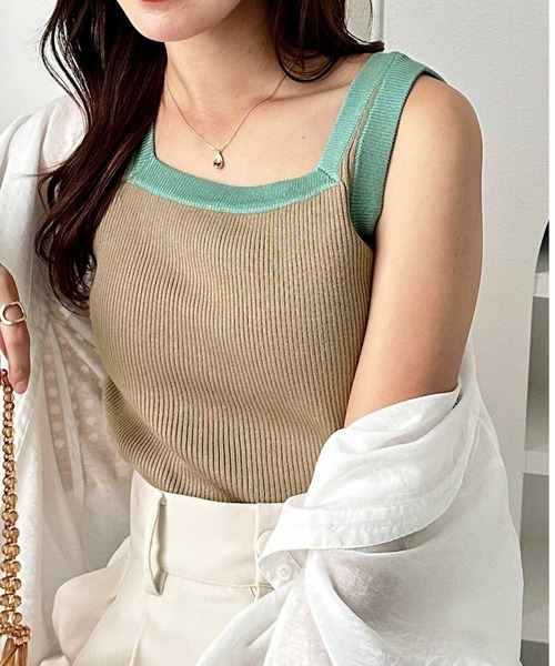 GeeRA（ジーラ）の「夏にぴったり。2WAY配色ニットタンクトップ（タンクトップ・レディース・ベージュ/ホワイト×ブラック/ブラック/アイボリー・LARGE/X-LARGE/MEDIUM）」の4枚目の写真