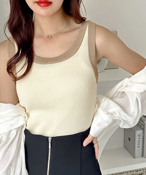 GeeRA（ジーラ）の「夏にぴったり。2WAY配色ニットタンクトップ（タンクトップ・レディース・ベージュ/ホワイト×ブラック/ブラック/アイボリー・LARGE/X-LARGE/MEDIUM）」の6枚目の写真