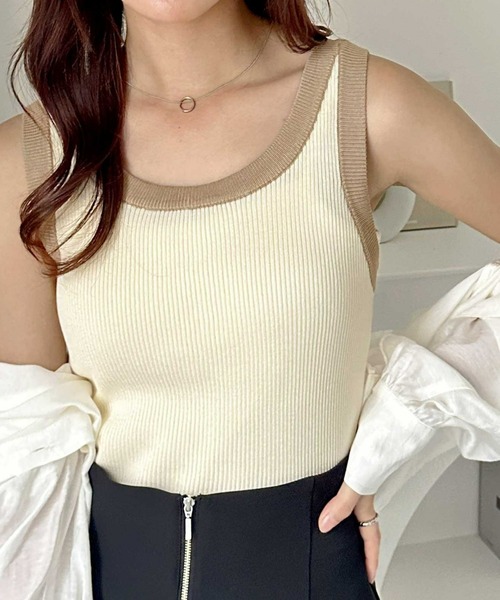 GeeRA（ジーラ）の「夏にぴったり。2WAY配色ニットタンクトップ（タンクトップ・レディース・ベージュ/ホワイト×ブラック/ブラック/アイボリー・LARGE/X-LARGE/MEDIUM）」の5枚目の写真