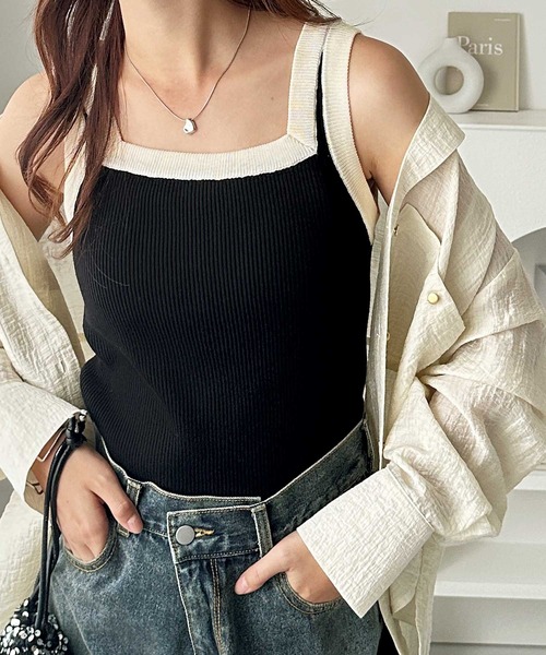 GeeRA（ジーラ）の「夏にぴったり。2WAY配色ニットタンクトップ（タンクトップ・レディース・ベージュ/ホワイト×ブラック/ブラック/アイボリー・LARGE/X-LARGE/MEDIUM）」の8枚目の写真