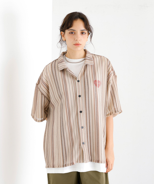 Revo./レボ】透かし編みニットオープンカラーストライプ半端袖