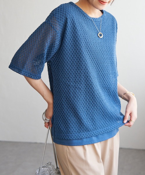 ikka(イッカ)の「【雑誌InRed6月号掲載】レースアンサンブルプルオーバー【2点セット/親子コーデ】(Tシャツ/カットソー・レディース・オフホワイト/ブルー/ブラック/ダークベージュ・M/L/S)」の4枚目の写真