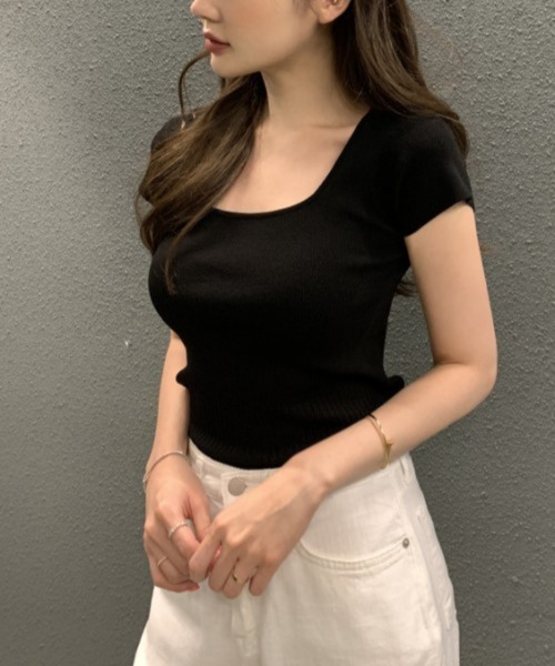 PIN（ピン）の「スクエアネックリブTシャツ（Tシャツ/カットソー・レディース・グリーン/ブラック/ストライプ/ベージュ・FREE）」の16枚目の写真