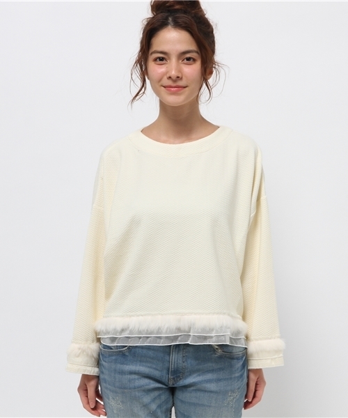 mystic（ミスティック）の「【mystic】ファーテープチュニック（Tシャツ/カットソー・レディース・ベージュ/チャコールグレー/ブラック/オフホワイト・ﾌﾘ-）」の5枚目の写真