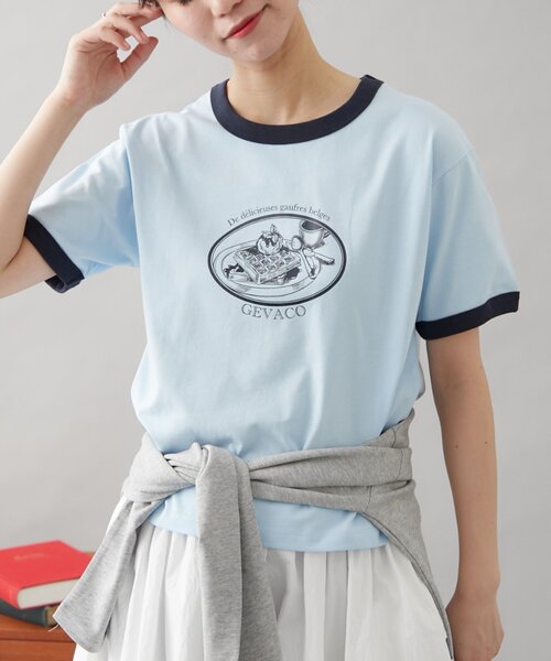 GEVACO（ゲバコ）の「【GEVACO】グラフィック半袖ワッフルリンガーTEE（Tシャツ/カットソー・レディース・アイボリー/サックスブルー/ネイビー・ONE SIZE）」の14枚目の写真