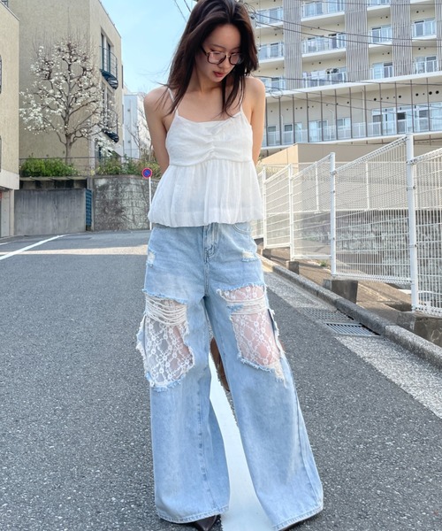 セール】【2025SS】ダメージレースデニムパンツ（デニムパンツ