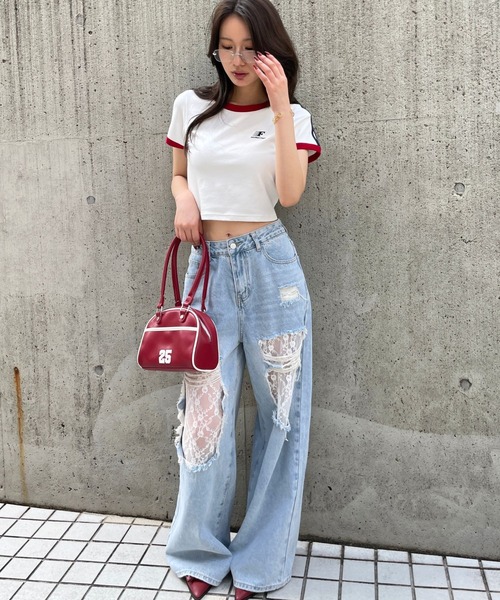 ELFSACK ジーンズ ボトムス ダメージ ワイドパンツ レース ELFSACK ジーンズ ボトムス ダメージ レース ワイドパンツ