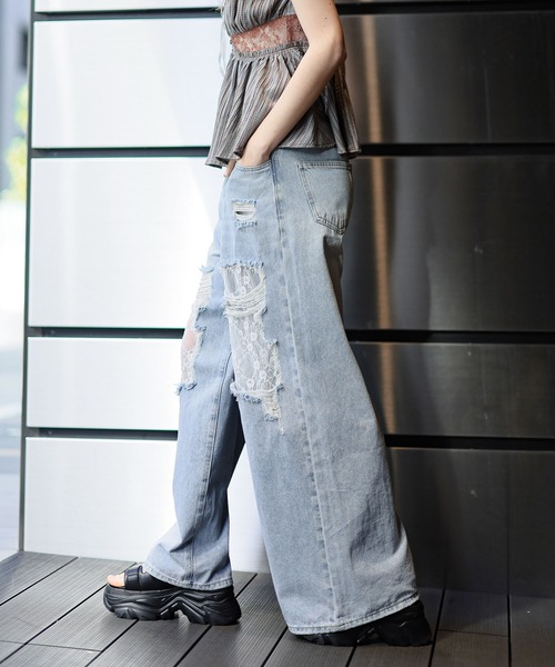 デニムレースブロックパンツ BLACK 36 STYLEBLOCK ジーンズ デニム デニムパンツ デニムホイルペイント