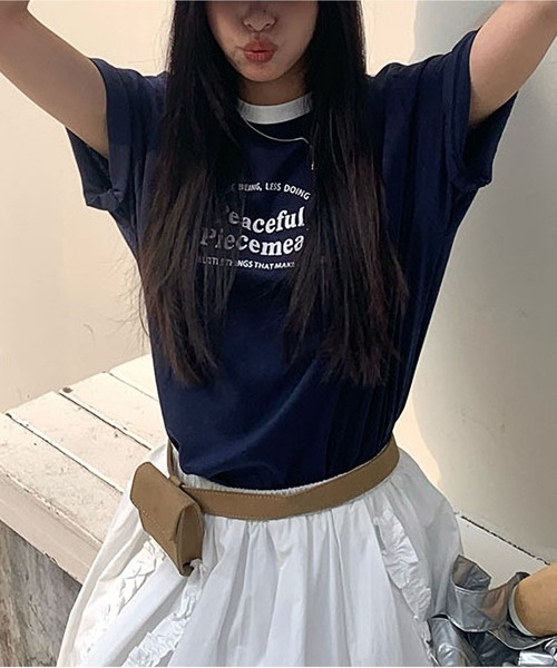 セール】カラーコントラスト襟プリントTシャツ（Tシャツ