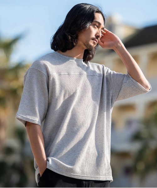 JEMORGAN(ジェーイーモーガン)の「『JEMORGAN LONG JOHNS/ジェーイーモーガンロングジョーンズ』CVCワッフル切替セットイン5分袖クルーTEE【+】(Tシャツ/カットソー・メンズ・ブラック/ネイビー/杢グレー/ホワイト・XL/L/M)」の3枚目の写真