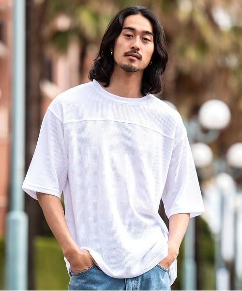 JEMORGAN(ジェーイーモーガン)の「『JEMORGAN LONG JOHNS/ジェーイーモーガンロングジョーンズ』CVCワッフル切替セットイン5分袖クルーTEE【+】(Tシャツ/カットソー・メンズ・ブラック/ネイビー/杢グレー/ホワイト・XL/L/M)」の2枚目の写真