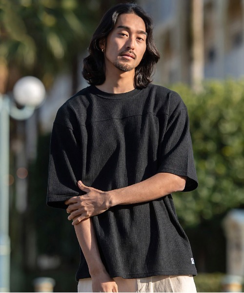 JEMORGAN(ジェーイーモーガン)の「『JEMORGAN LONG JOHNS/ジェーイーモーガンロングジョーンズ』CVCワッフル切替セットイン5分袖クルーTEE【+】(Tシャツ/カットソー・メンズ・ブラック/ネイビー/杢グレー/ホワイト・XL/L/M)」の1枚目の写真