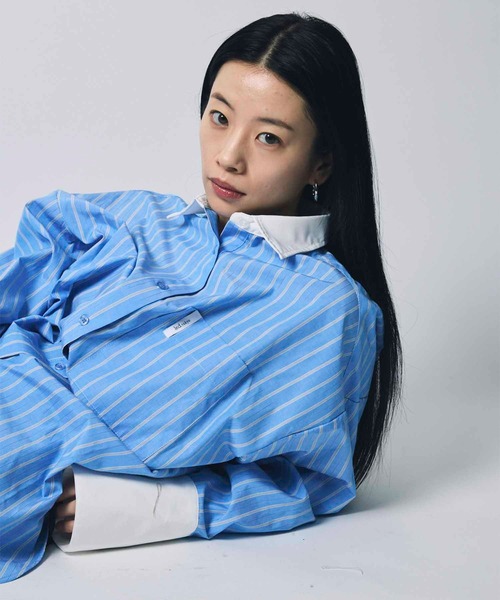 led.tokyo（レッドトウキョウ）の「【led.tokyo】BACK SHEER STRIPE SHIRT/バックシアーストライプシャツ（シャツ/ブラウス・レディース・グレー/ブルー・FREE）」の7枚目の写真