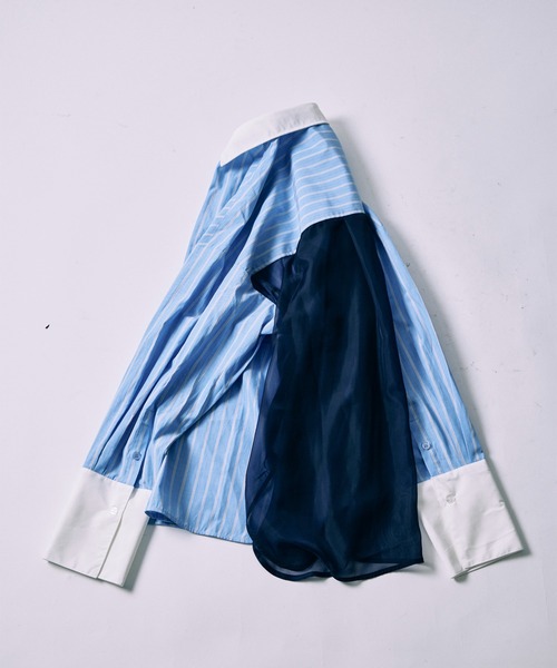 led.tokyo（レッドトウキョウ）の「【led.tokyo】BACK SHEER STRIPE SHIRT/バックシアーストライプシャツ（シャツ/ブラウス・レディース・グレー/ブルー・FREE）」の6枚目の写真