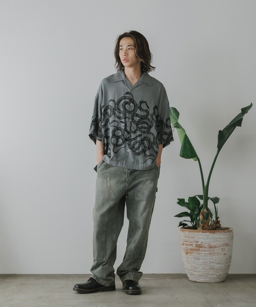 CALEE キャリー ワークシャツ グリーン系 XLサイズ CALEE/キャリー 5SLEEVES DROP SHOULDER SH SNAKE PATTERN
