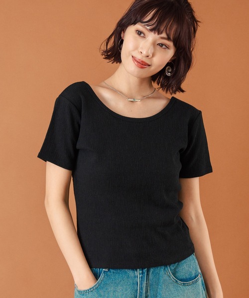 anap mimpi(アナップミンピ)の「カット ジャガード 前後2WAY カシュクール 半袖 トップス(Tシャツ/カットソー・レディース・キナリ/モカ/ブラック・FREE)」の2枚目の写真