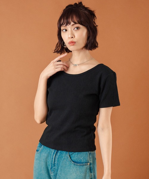 anap mimpi(アナップミンピ)の「カット ジャガード 前後2WAY カシュクール 半袖 トップス(Tシャツ/カットソー・レディース・キナリ/モカ/ブラック・FREE)」の6枚目の写真