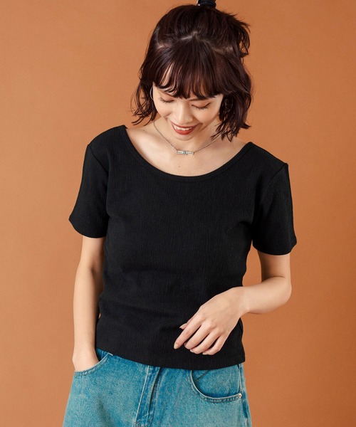 anap mimpi(アナップミンピ)の「カット ジャガード 前後2WAY カシュクール 半袖 トップス(Tシャツ/カットソー・レディース・キナリ/モカ/ブラック・FREE)」の5枚目の写真