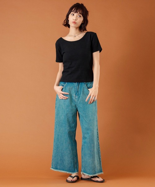 anap mimpi(アナップミンピ)の「カット ジャガード 前後2WAY カシュクール 半袖 トップス(Tシャツ/カットソー・レディース・キナリ/モカ/ブラック・FREE)」の15枚目の写真