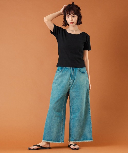 anap mimpi(アナップミンピ)の「カット ジャガード 前後2WAY カシュクール 半袖 トップス(Tシャツ/カットソー・レディース・キナリ/モカ/ブラック・FREE)」の13枚目の写真