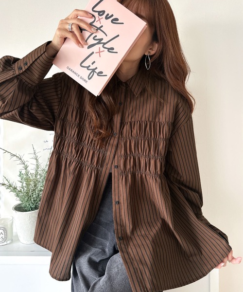 Lサイズ！ peak コットンシルクサージロングシャツ セール】立体感を纏う。シャーリングビスチェ風ロングカフスビッグ